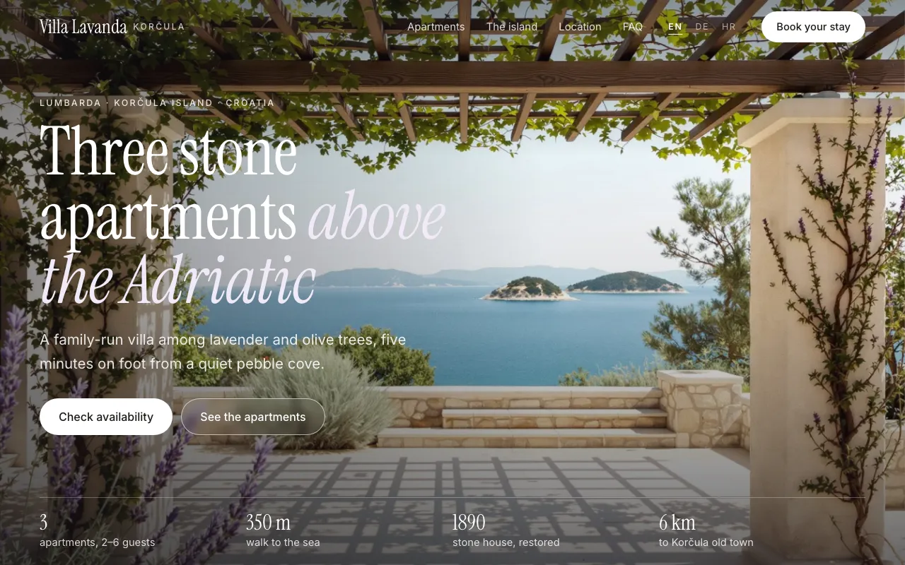 Home page of Villa Lavanda, a demo holiday-apartments business, hosted on Neural Draft