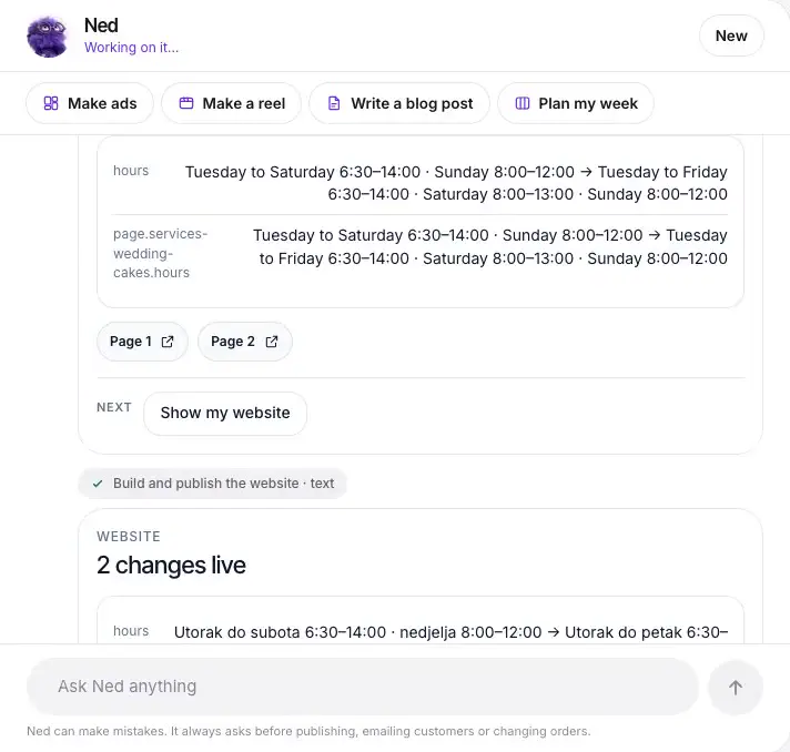 Ned in the Neural Draft dashboard: after a Confirm, Saturday opening hours on the website now read 8:00–13:00